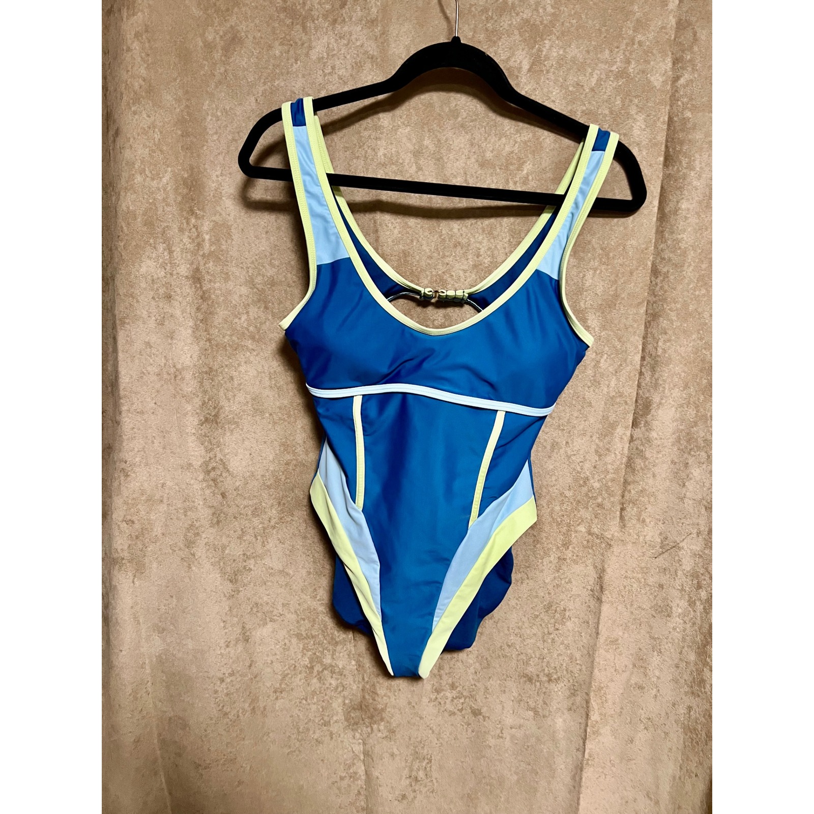 Reebok Womens Colorblock One Piece Swimsuit Blue Yellow Sporty Scoop Back